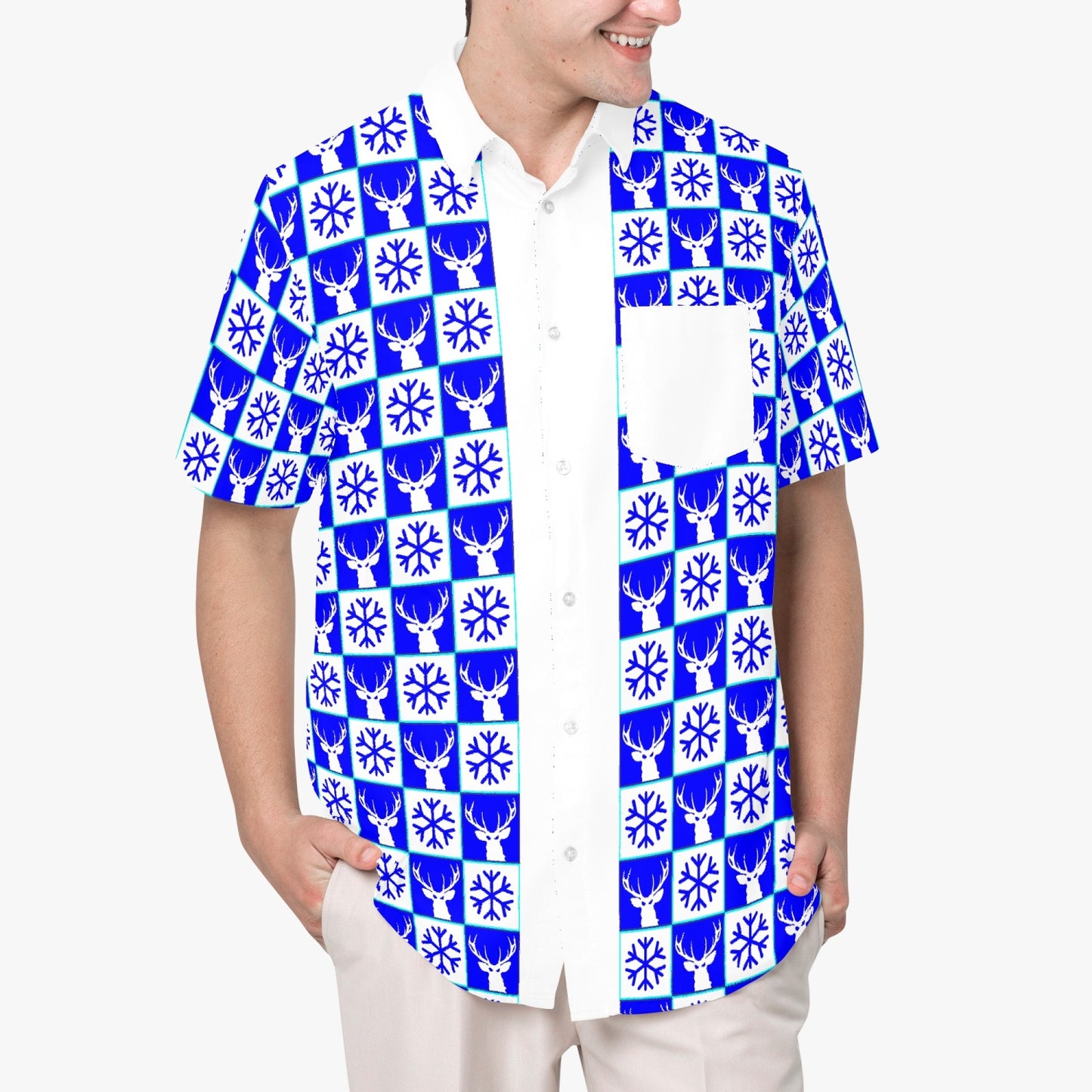 Deermageddon the Musical Blue & White Christmas Pattern Hawaiian Tee