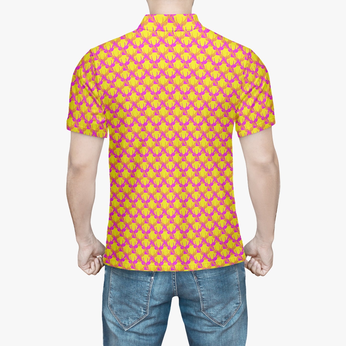 Official Deermageddon the Musical Polo Golf Shirt - Orange Purple, and Yellow pattern