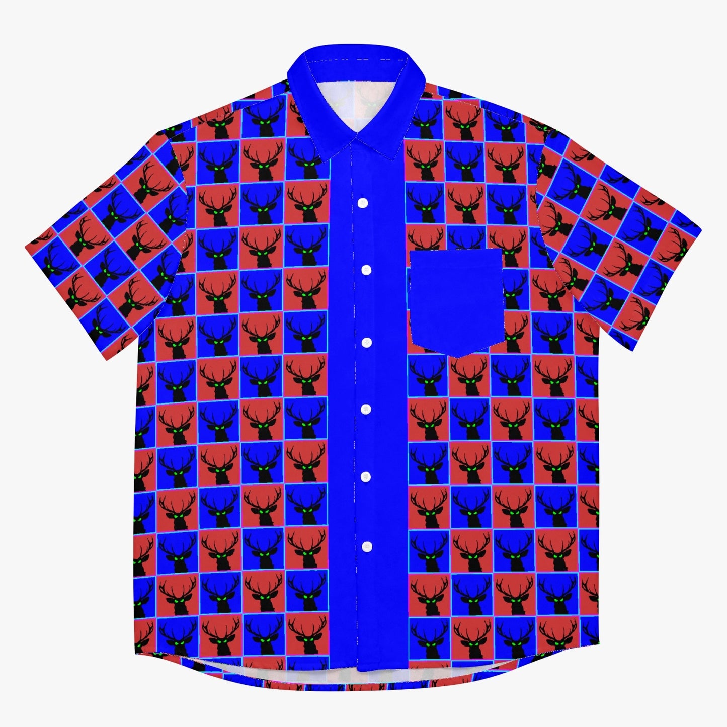 Deermageddon the Musical Blue & Red Checkerboard Pattern Hawaiian Tee w/Blue Trim