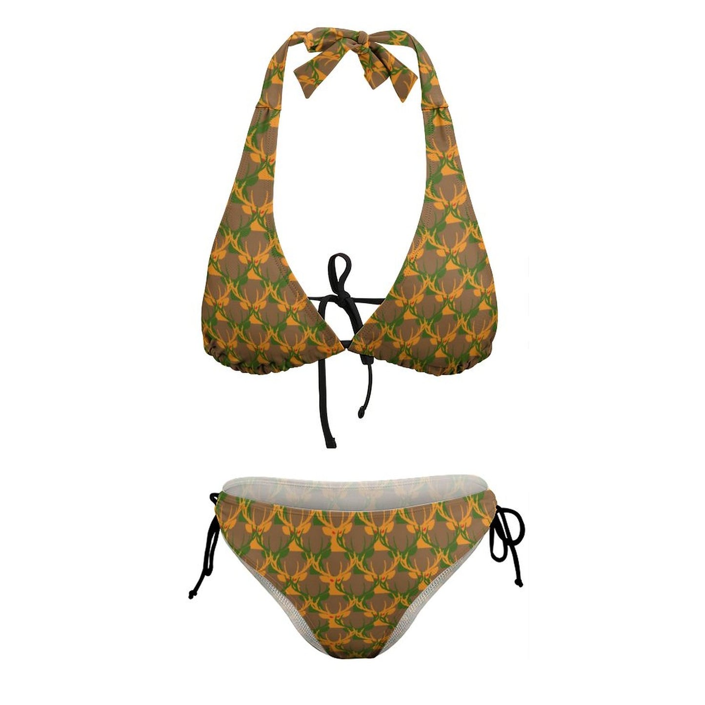 Official Deermageddon the Musical Brown, Green, & Orange Two Piece Halter Swimsuit Bikini BK2131 (All-Over Printing)