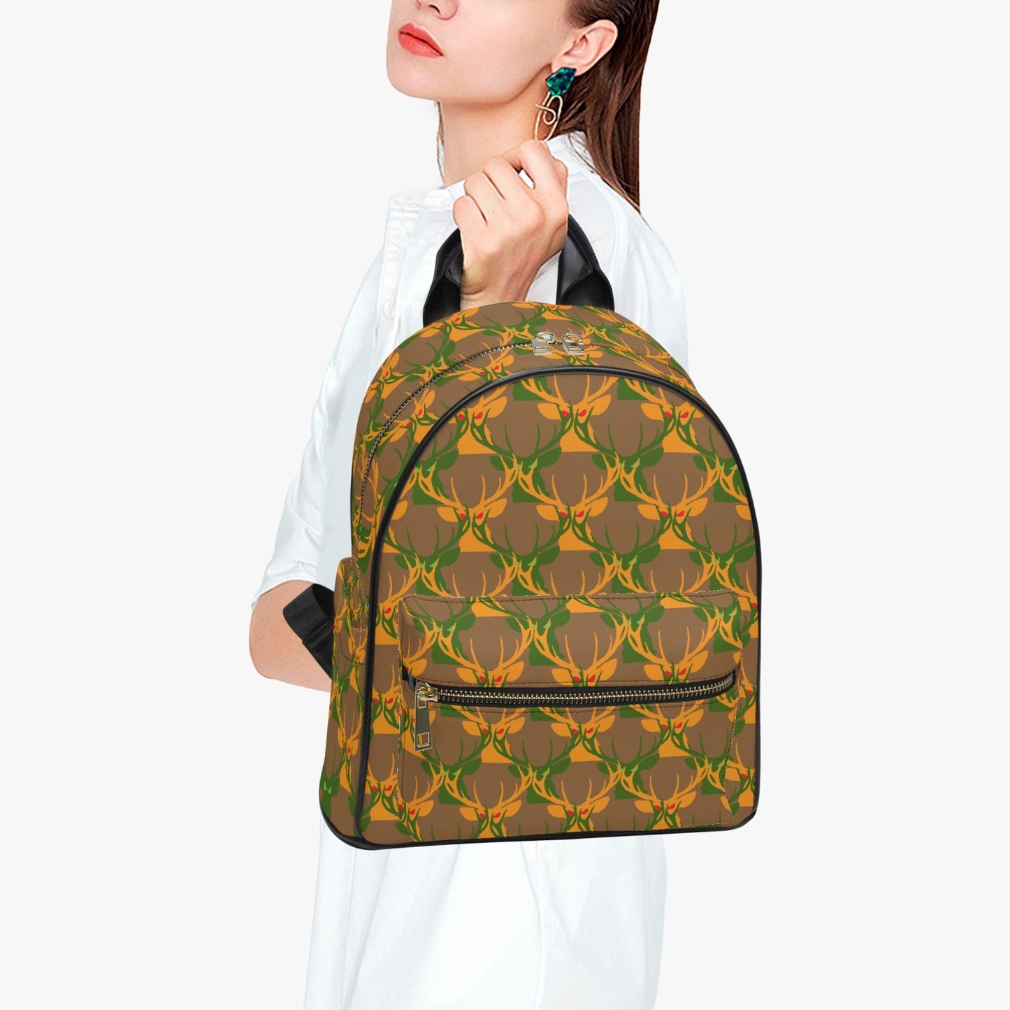 Official Deermageddon the Musical Head Pattern PU Leather Brown Green & Orange Backpack