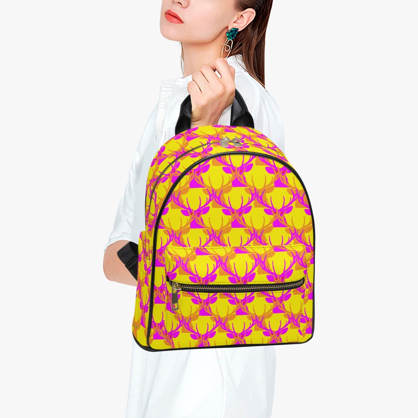 Official Deermageddon the Musical Head Pattern PU Leather Yellow, Purple, & Orange Backpack