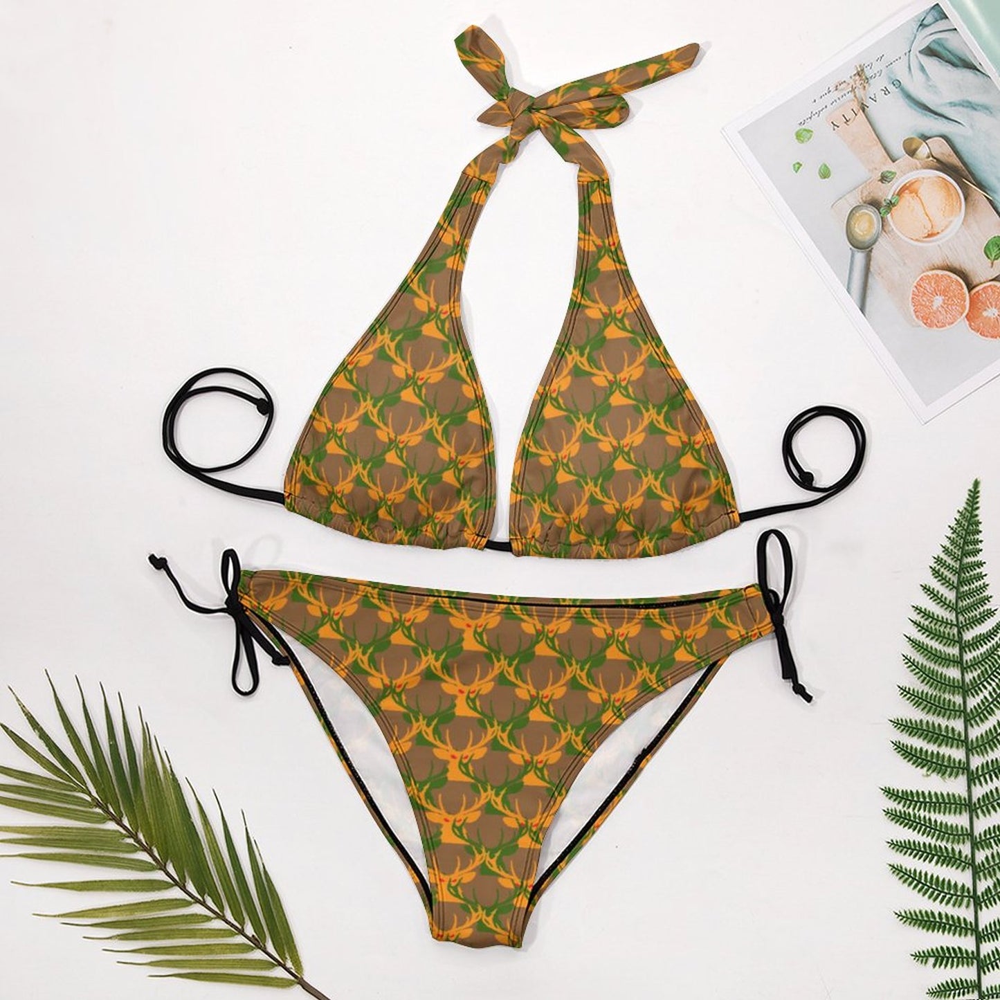 Official Deermageddon the Musical Brown, Green, & Orange Two Piece Halter Swimsuit Bikini BK2131 (All-Over Printing)