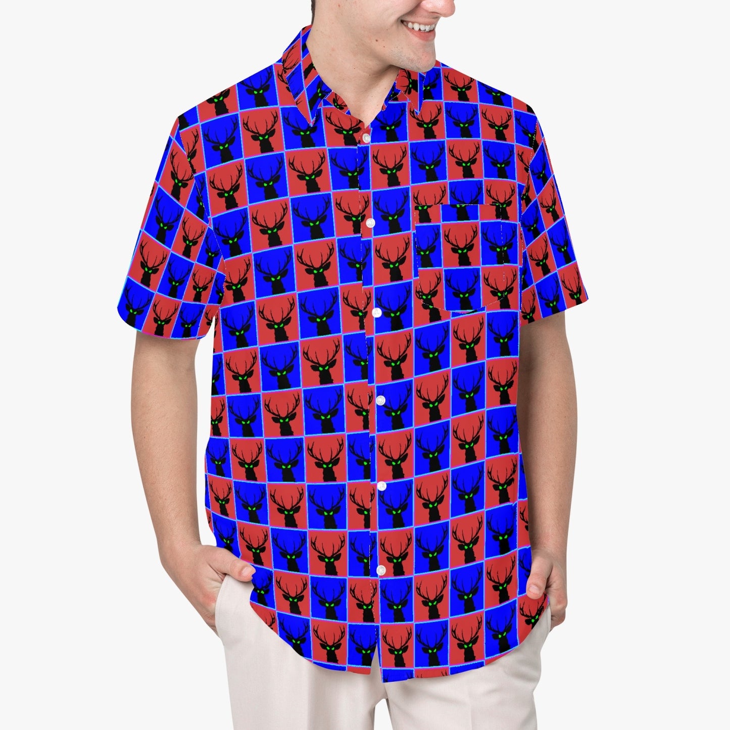 Deermageddon the Musical Blue & Red Checkerboard Pattern Hawaiian Tee