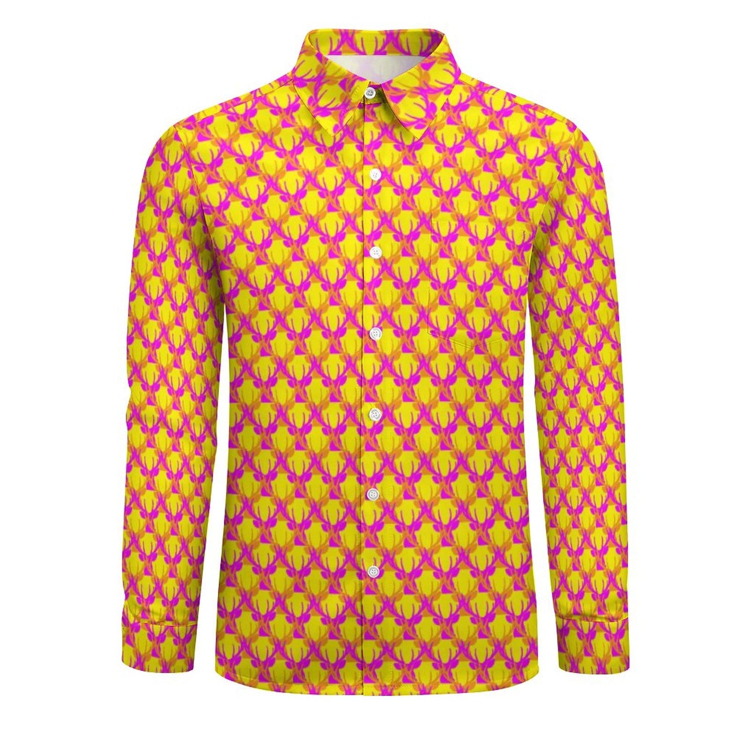 Official Deermageddon the Musical Men's Long Sleeve Dress Shirt "Head Pattern" Orange, Purple, & Yellow