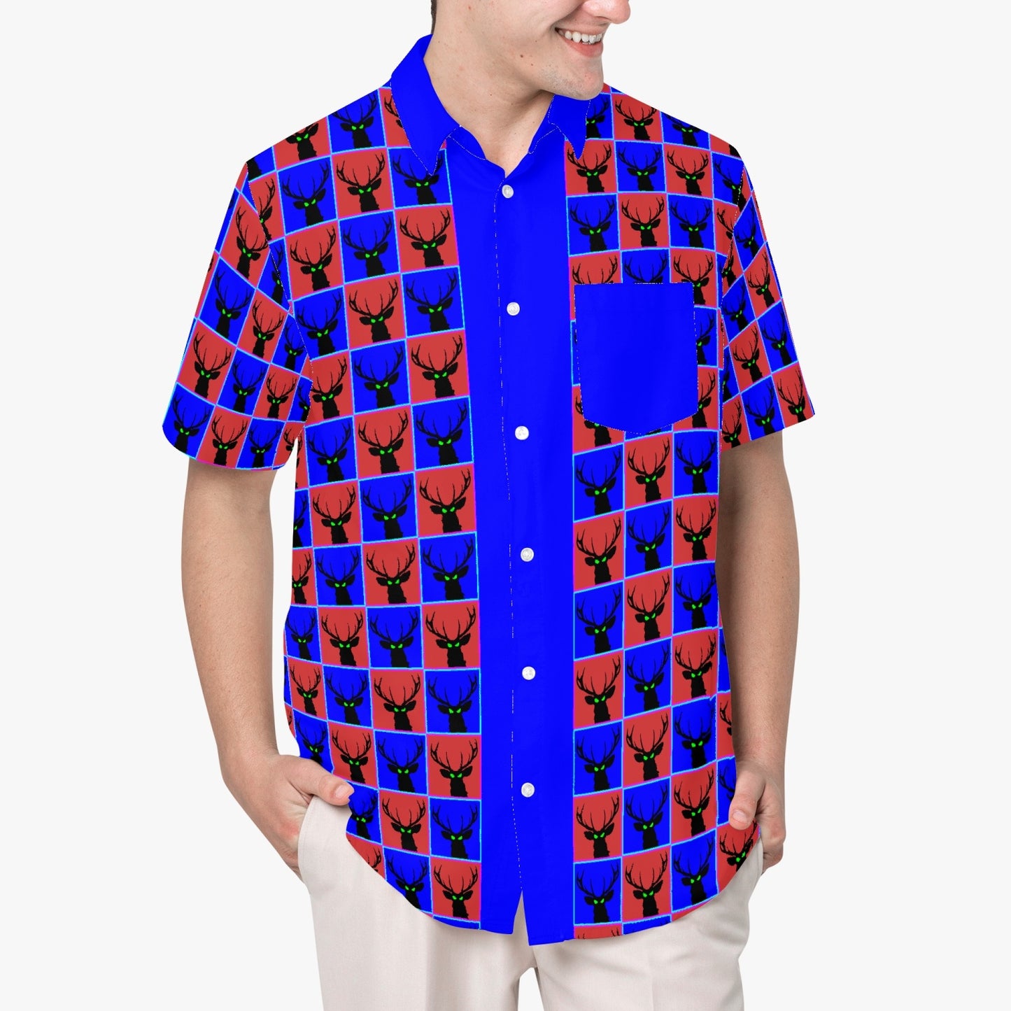 Deermageddon the Musical Blue & Red Checkerboard Pattern Hawaiian Tee w/Blue Trim