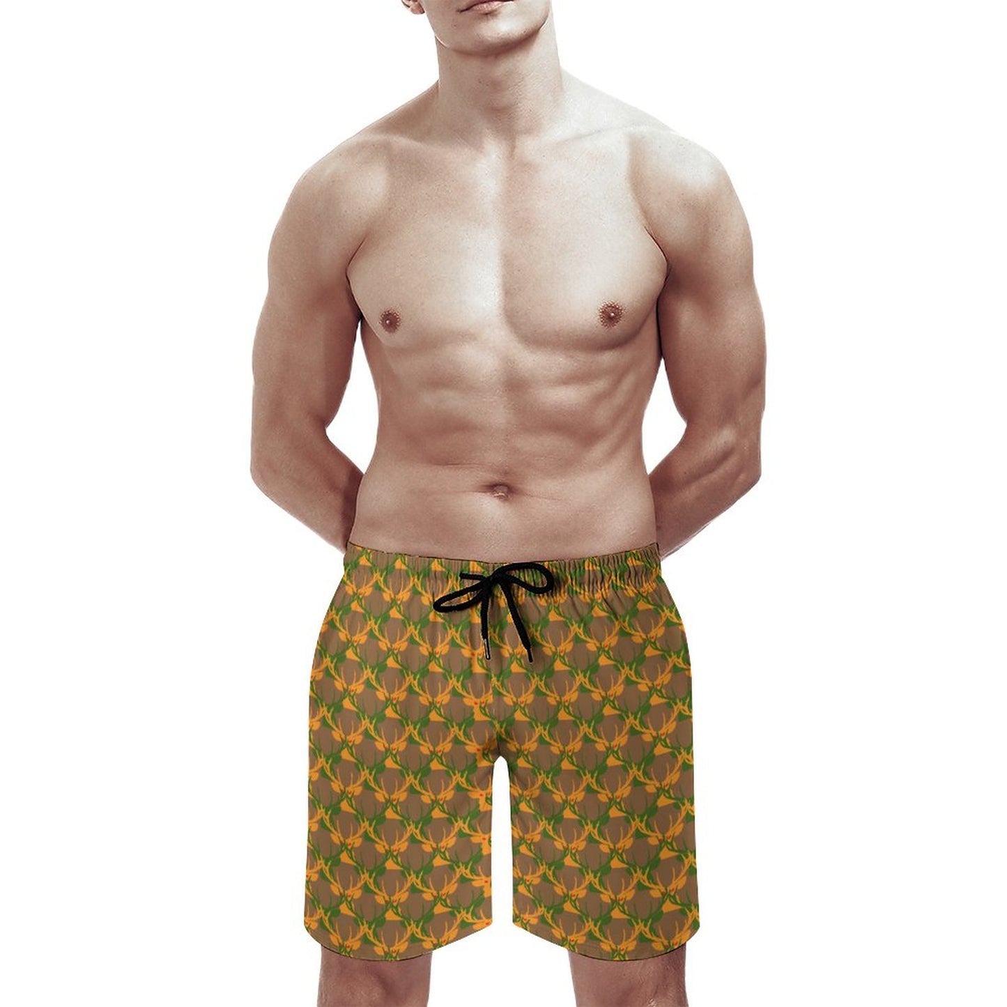 Official Deermageddon the Musical Men's Brown, Green, & Orange Swim Board Shorts D1P (All-Over Printing)