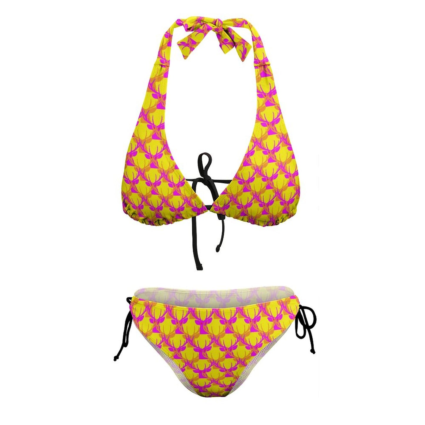 Official Deermageddon the Musical Yellow, Pink, & Orange Two Piece Halter Swimsuit Bikini BK2131 (All-Over Printing)