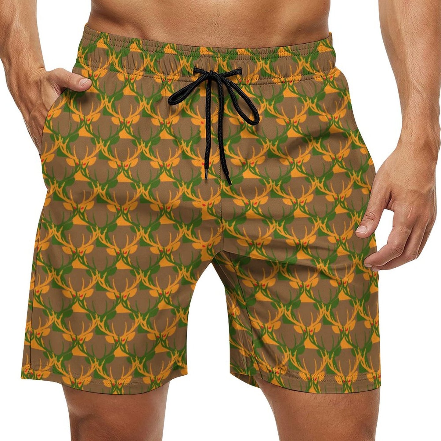 Official Deermageddon the Musical Men's Brown, Green, & Orange Swim Board Shorts D1P (All-Over Printing)