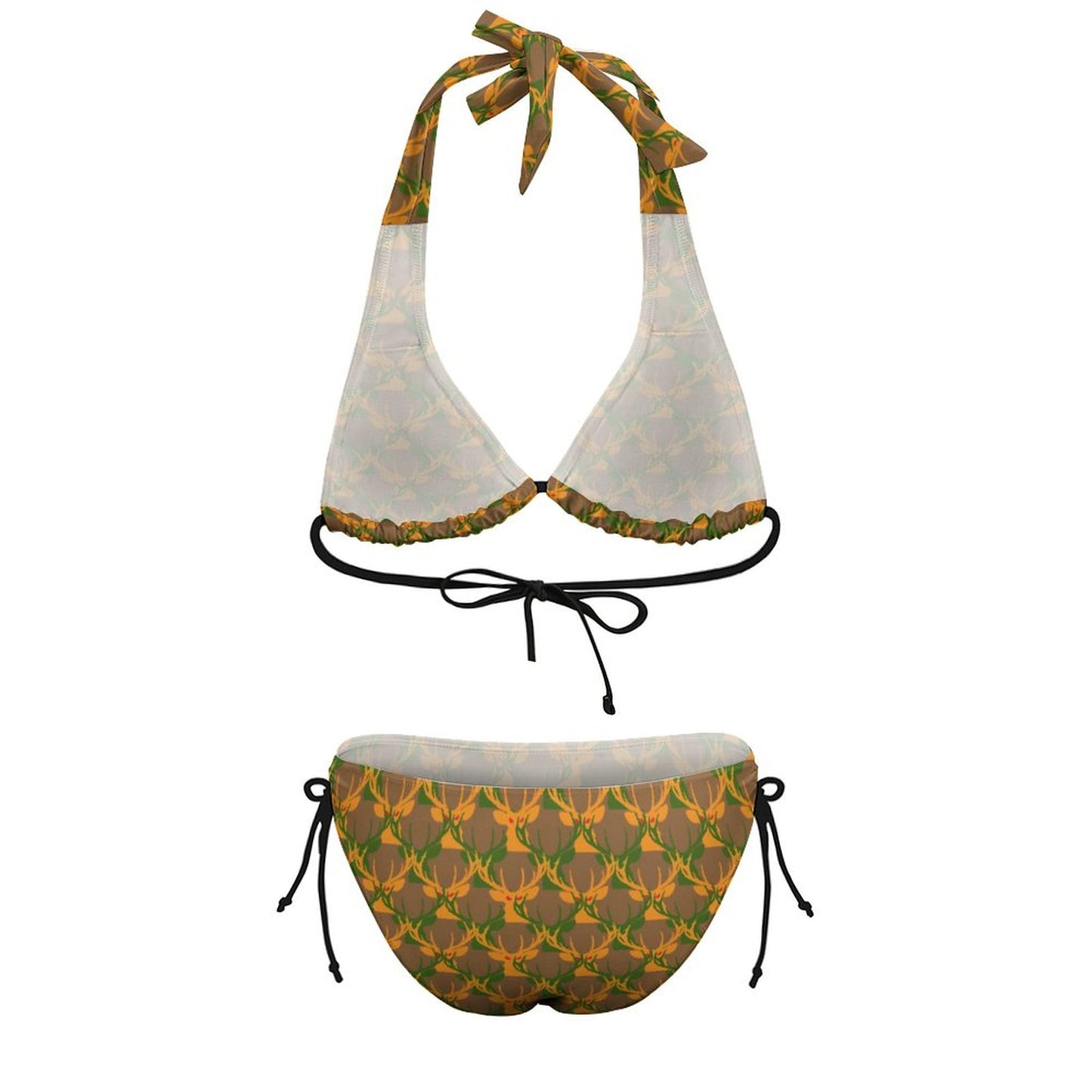 Official Deermageddon the Musical Brown, Green, & Orange Two Piece Halter Swimsuit Bikini BK2131 (All-Over Printing)