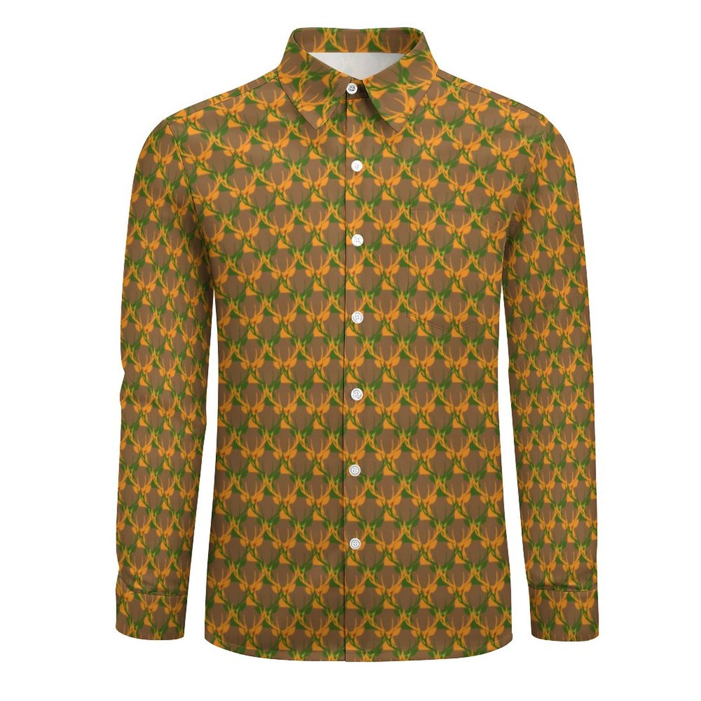 Official Deermageddon the Musical Men's Long Sleeve Dress Shirt "Head Pattern" Brown, Green, & Orange