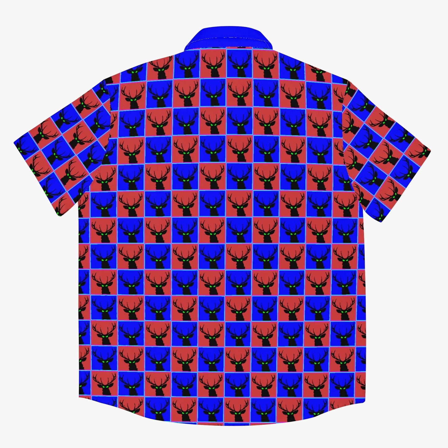 Deermageddon the Musical Blue & Red Checkerboard Pattern Hawaiian Tee w/Blue Trim