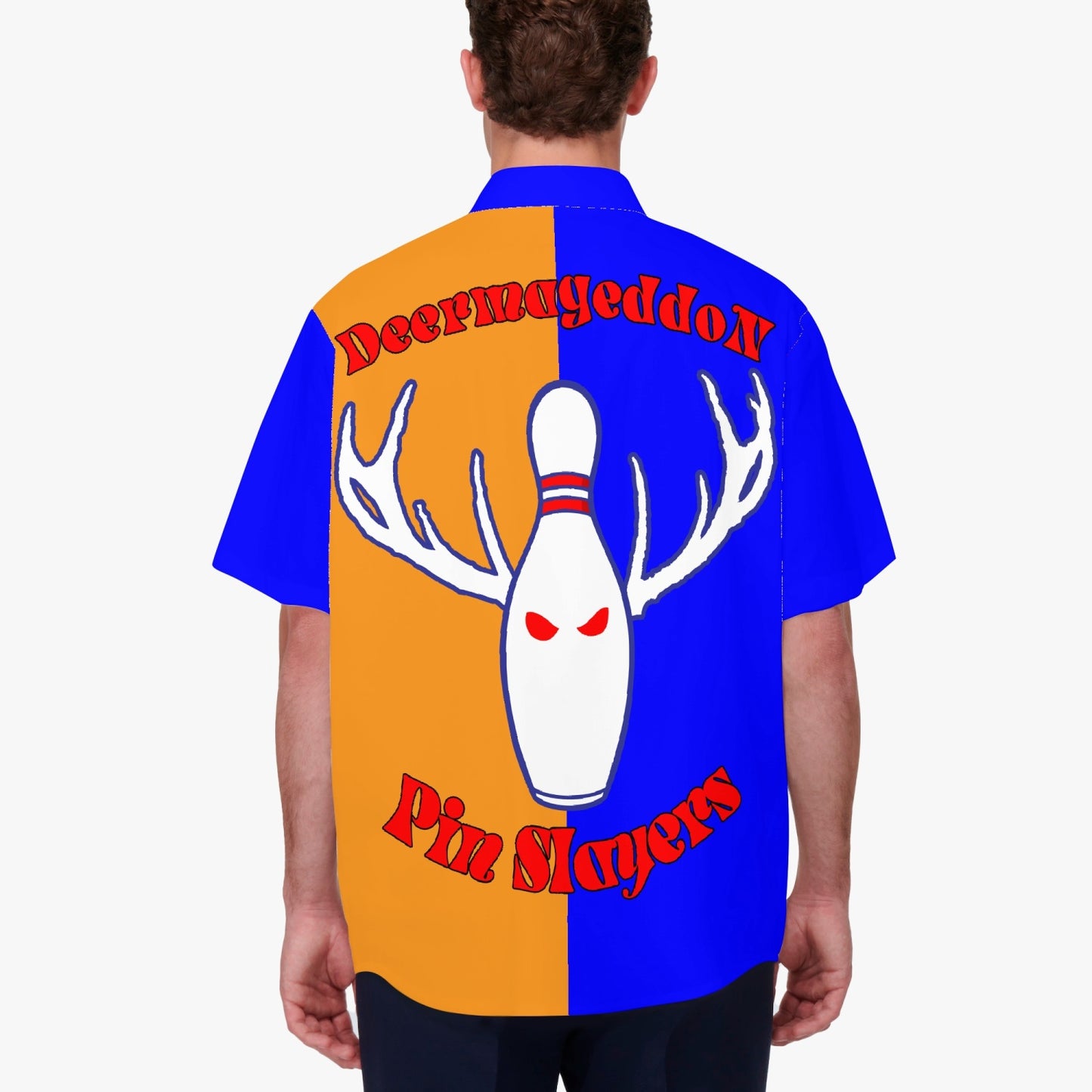 Deermageddon the Musical Blue & Orange "Deer Slayers" Bowling Team Shirt