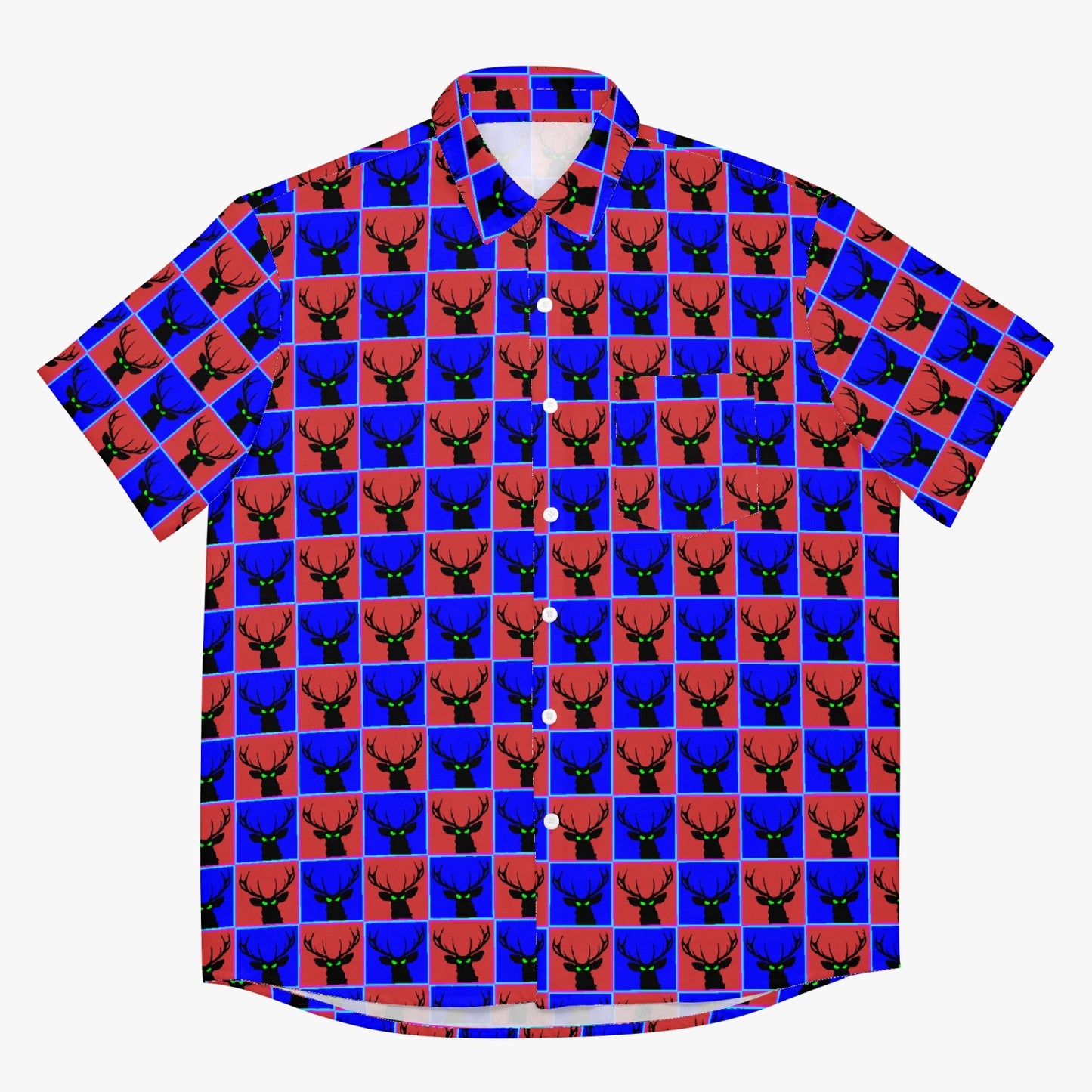 Deermageddon the Musical Blue & Red Checkerboard Pattern Hawaiian Tee