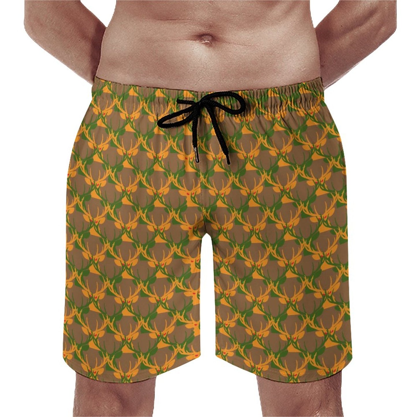 Official Deermageddon the Musical Men's Brown, Green, & Orange Swim Board Shorts D1P (All-Over Printing)