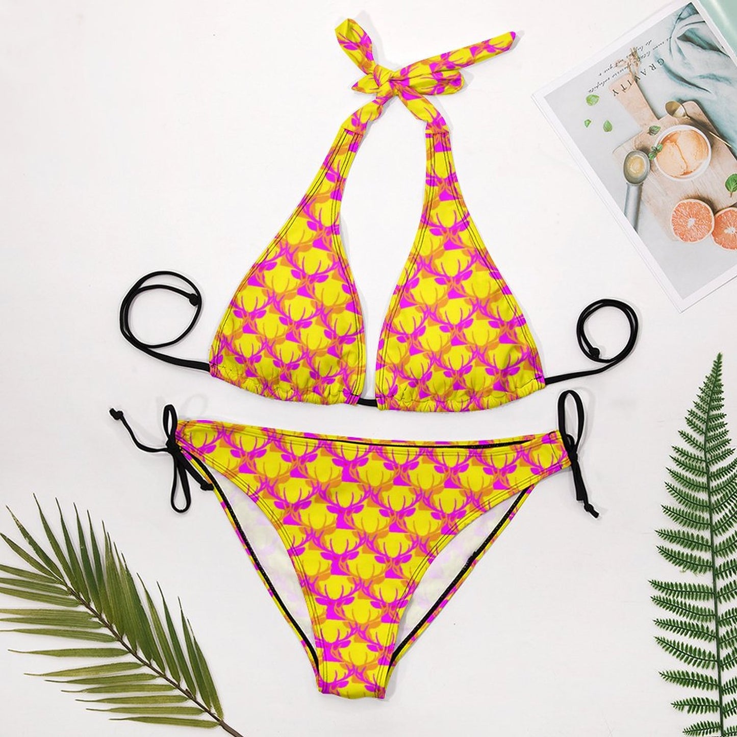 Official Deermageddon the Musical Yellow, Pink, & Orange Two Piece Halter Swimsuit Bikini BK2131 (All-Over Printing)