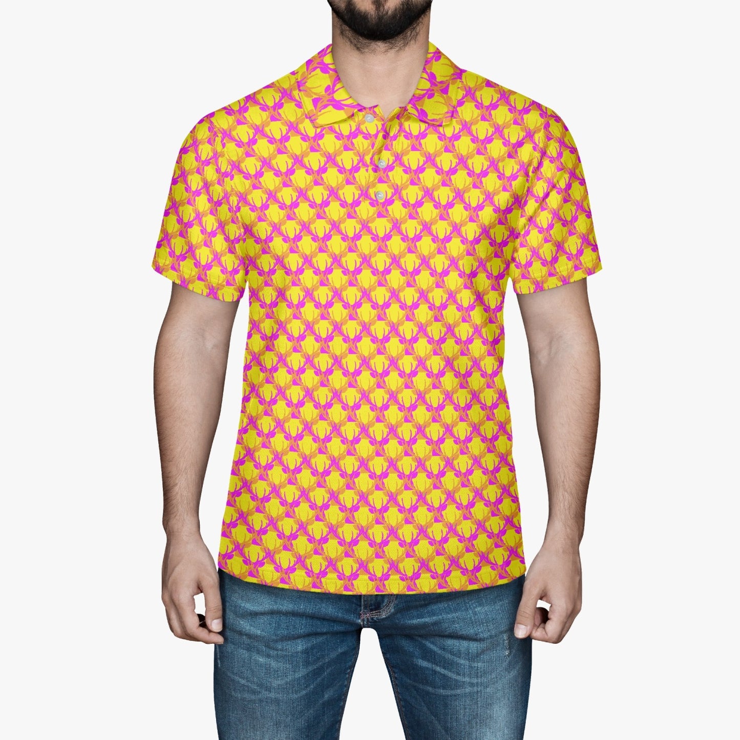 Official Deermageddon the Musical Polo Golf Shirt - Orange Purple, and Yellow pattern