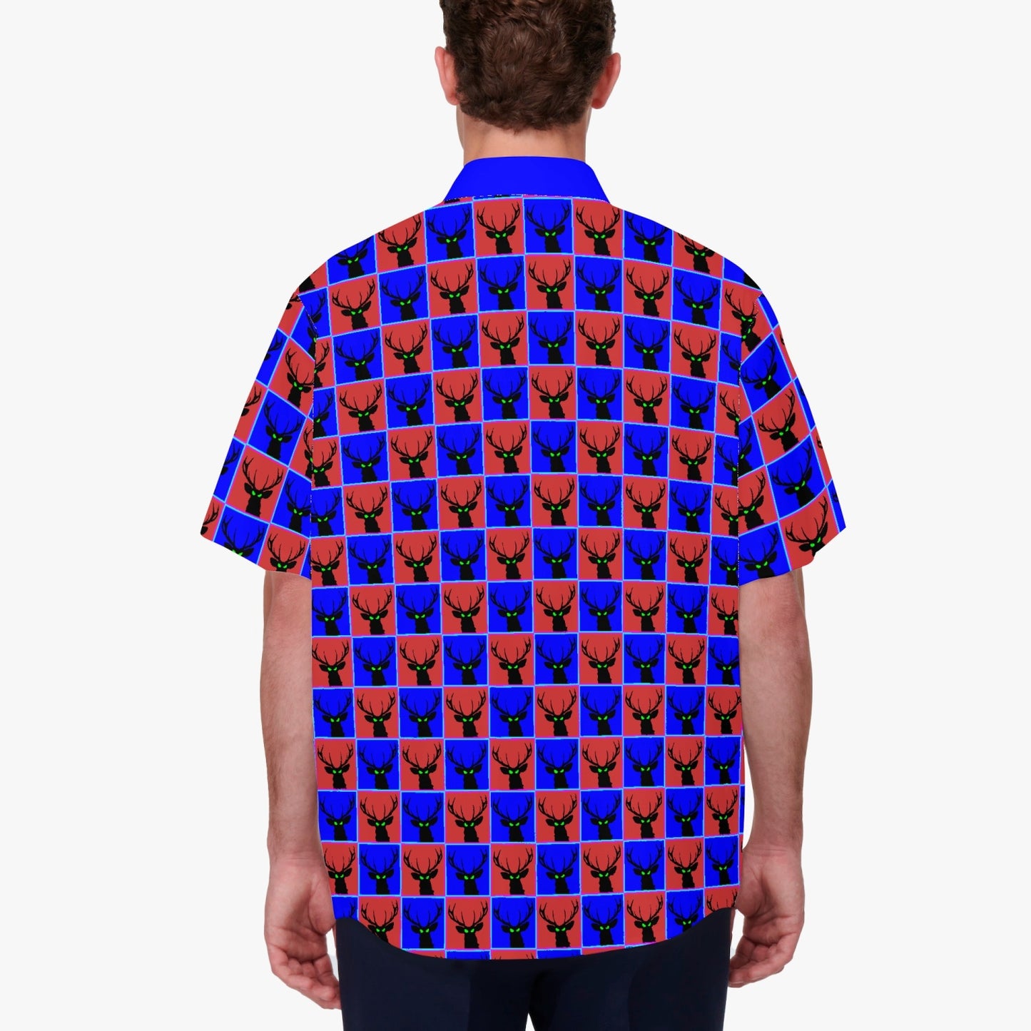 Deermageddon the Musical Blue & Red Checkerboard Pattern Hawaiian Tee w/Blue Trim