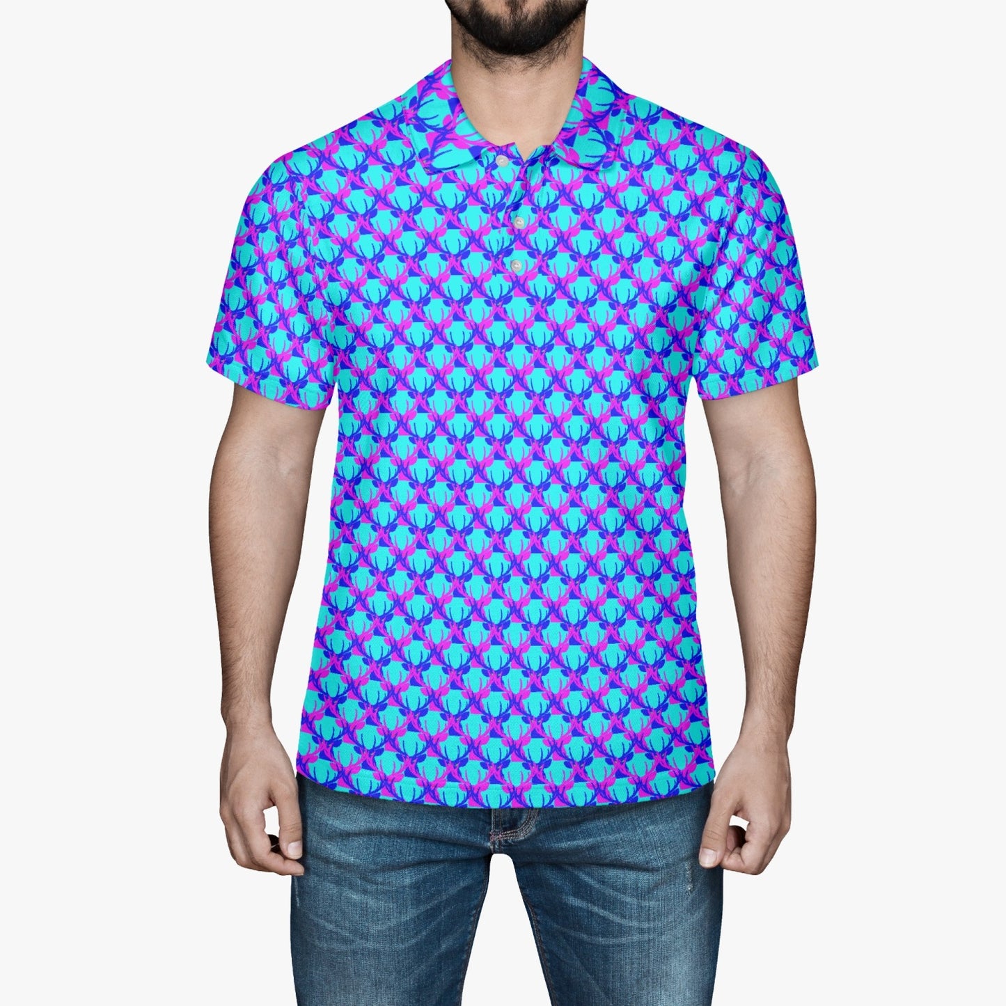 Official Deermageddon the Musical Polo Golf Shirt - Blue, Purple, and Lt Blue pattern