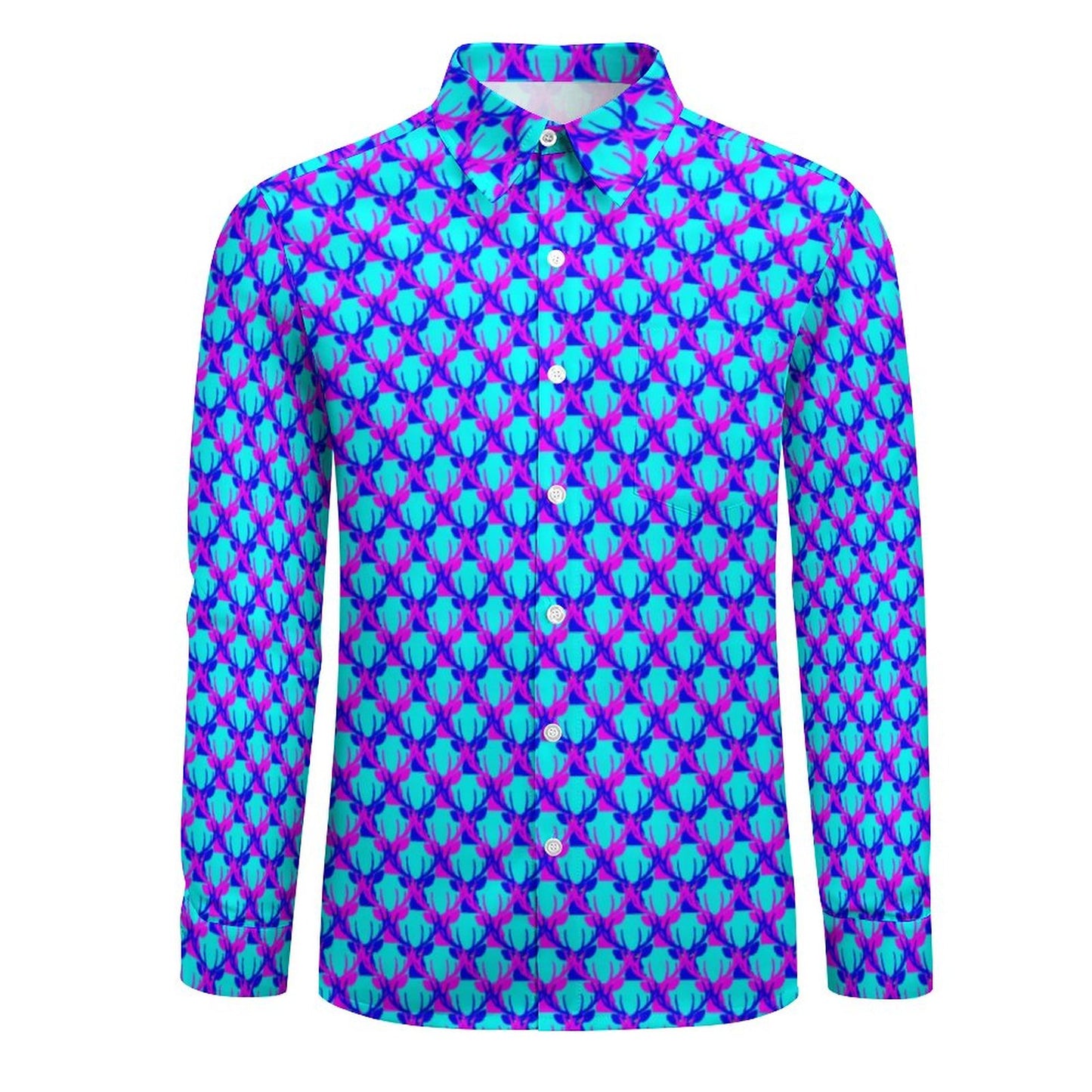 Official Deermageddon the Musical Men's Long Sleeve Dress Shirt "Head Pattern" Blue, Purple, & Lt Blue