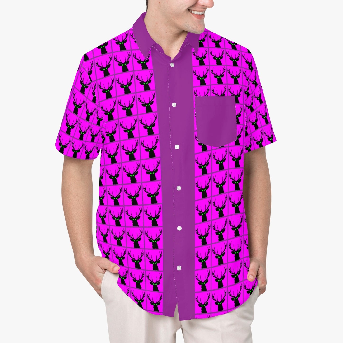 Deermageddon the Musical Pink Checkerboard Pattern w Purple Trim Hawaiian Tee