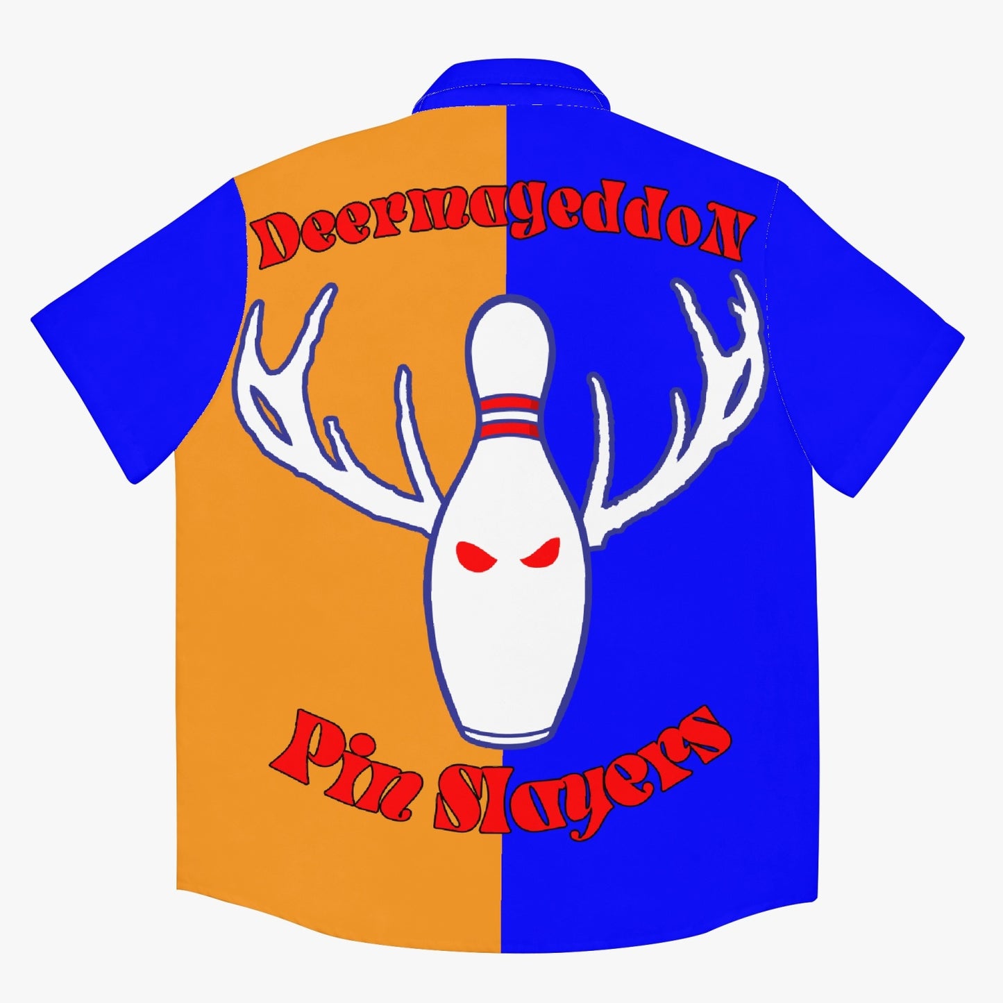 Deermageddon the Musical Blue & Orange "Deer Slayers" Bowling Team Shirt