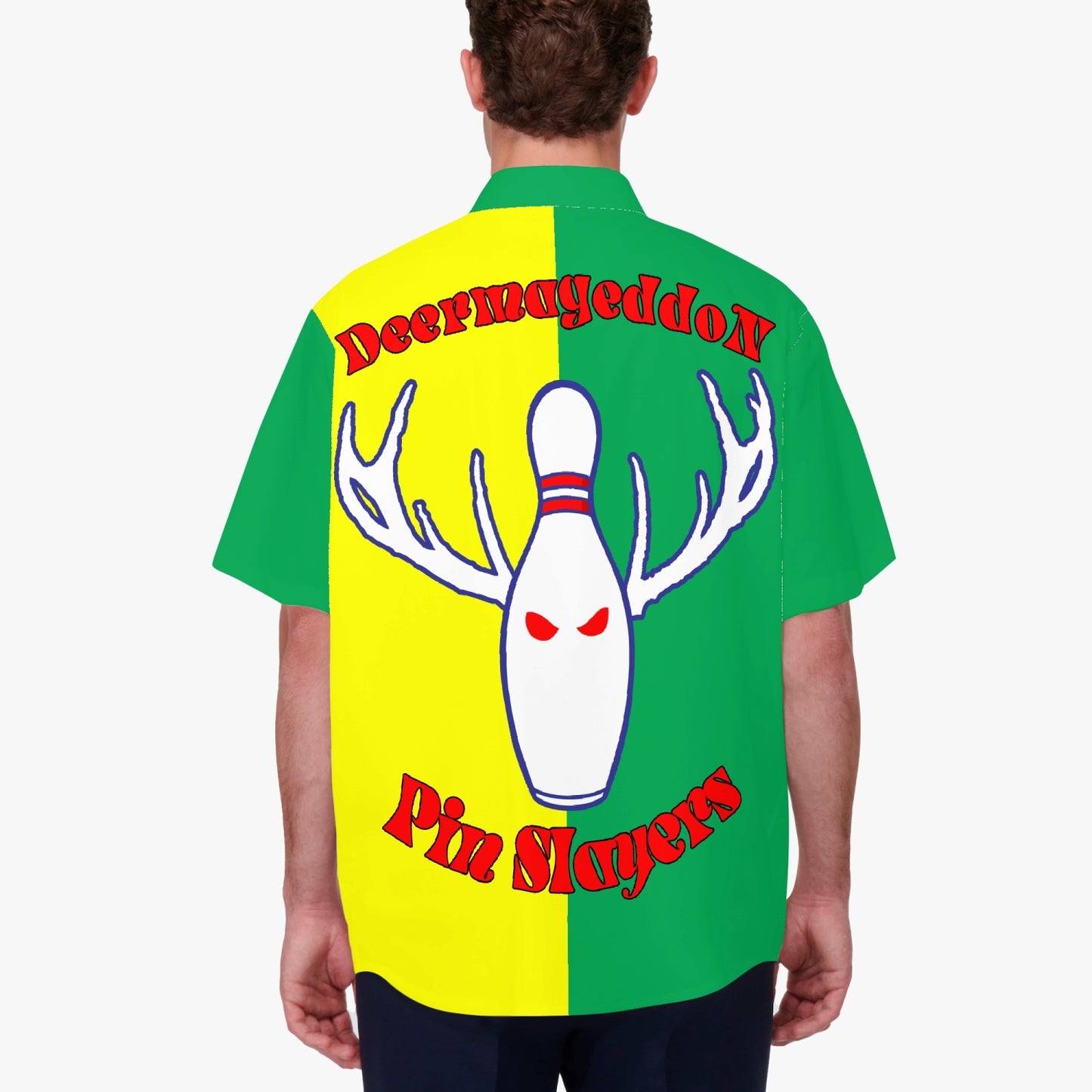 Deermageddon the Musical Green & Gold "Deer Slayers" Bowling Shirt