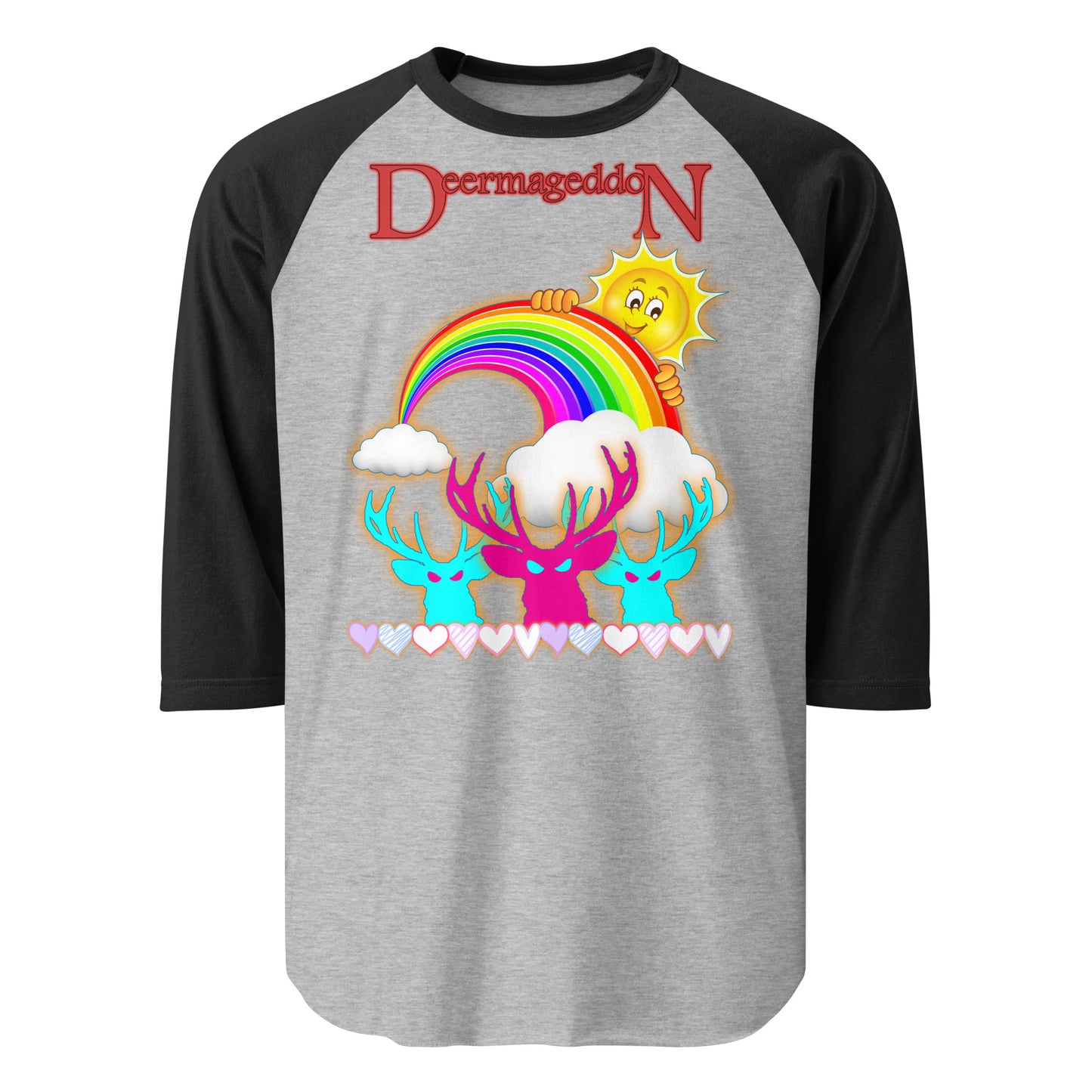 Official Deermageddon the Musical "Sunshine and Rainbows" 3/4 sleeve Jersey Tee shirt - unisex