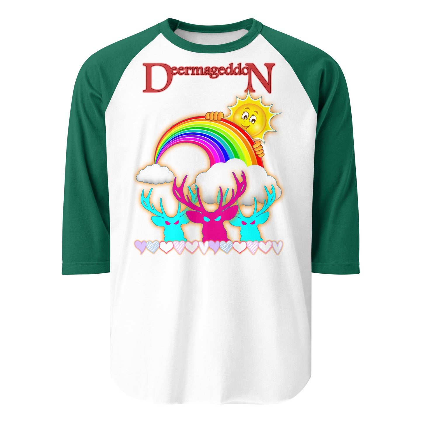 Official Deermageddon the Musical "Sunshine and Rainbows" 3/4 sleeve Jersey Tee shirt - unisex